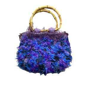Blue and Purple Textured Clutch with Bamboo Handle